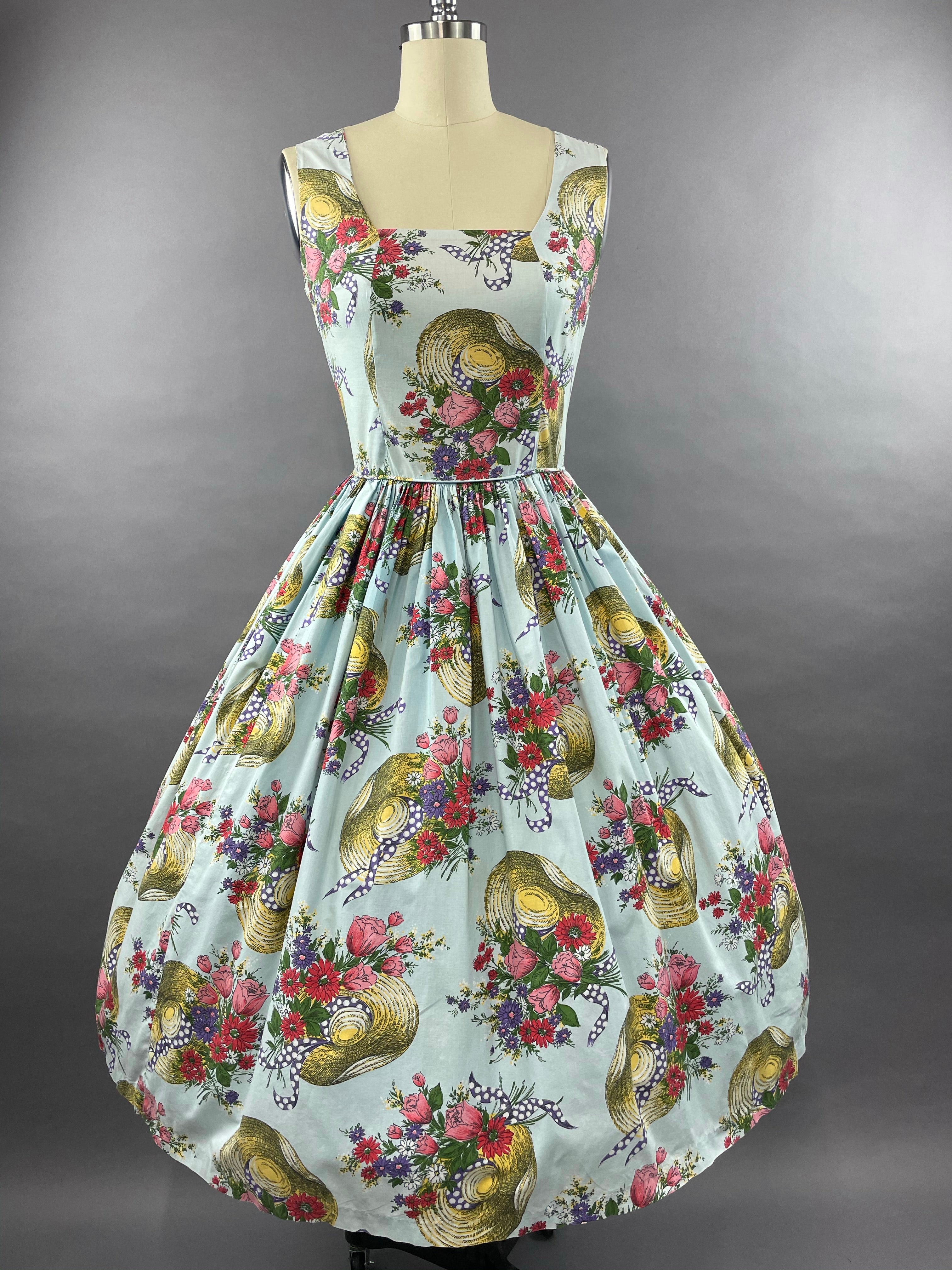 1950s Hats Novelty Print Cotton Dress Size M