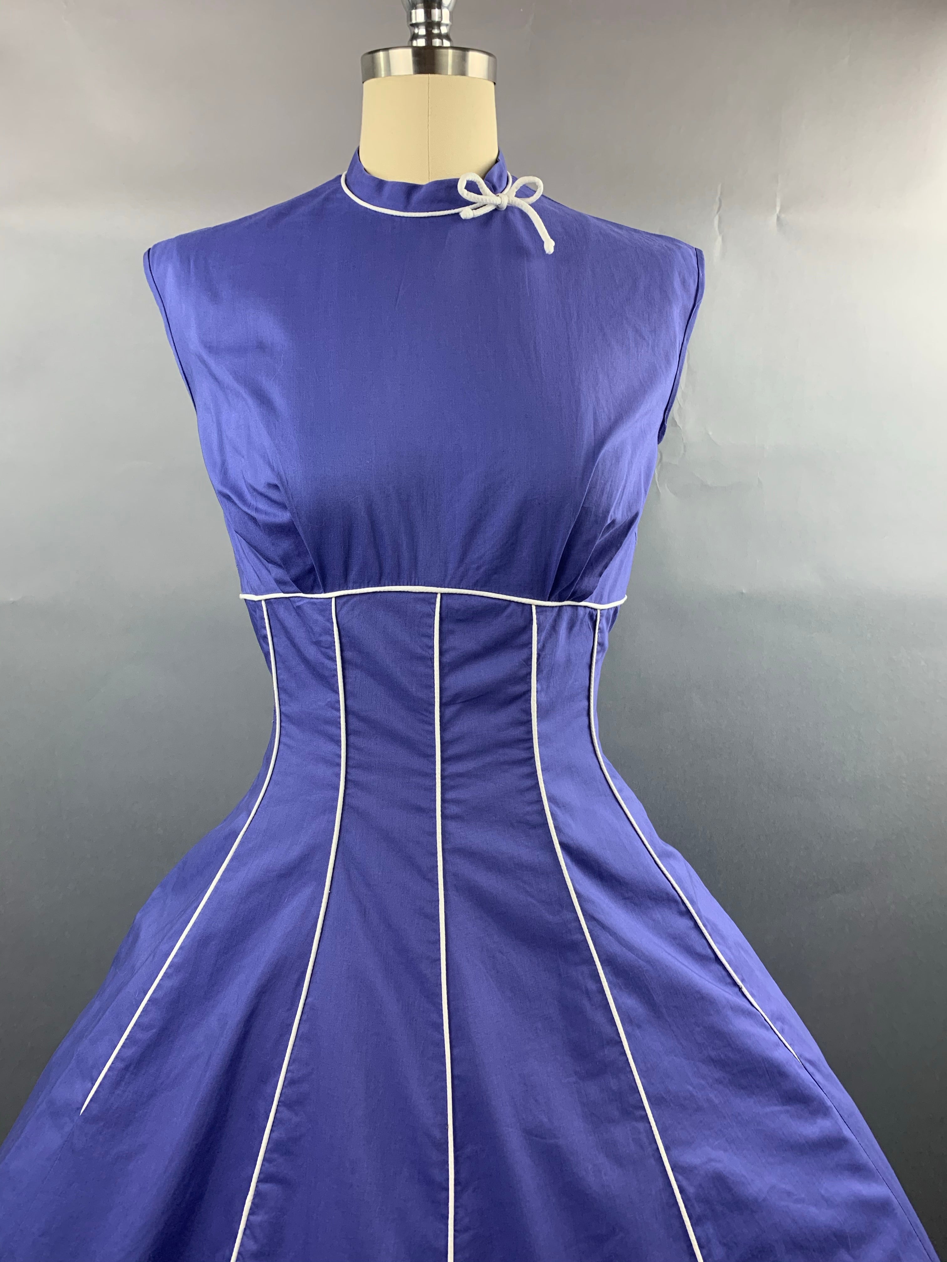 1950s Indigo Violet Blue Cotton Dress with White Piping Size S