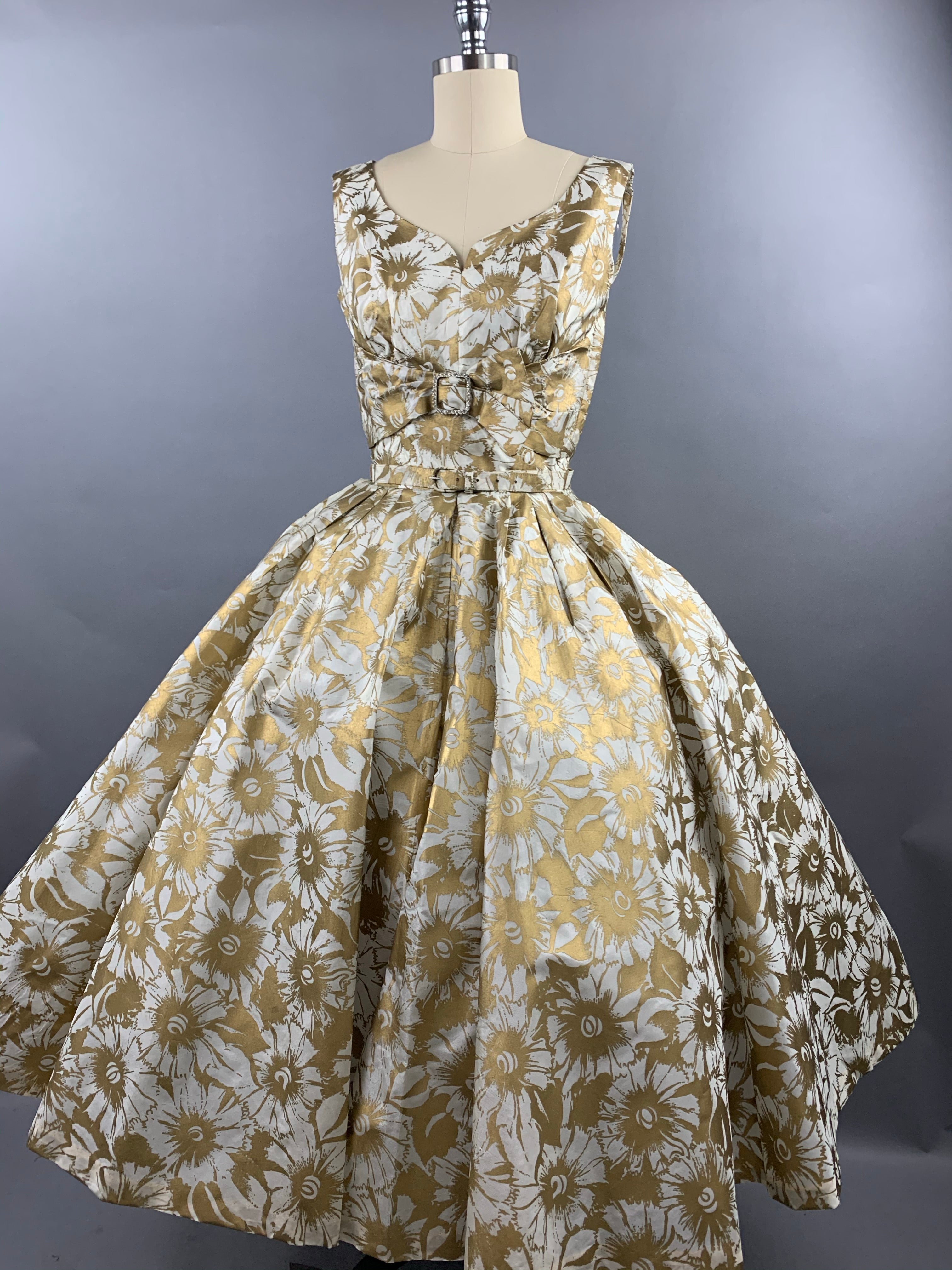 1950s Gold Floral Party Dress Size XS