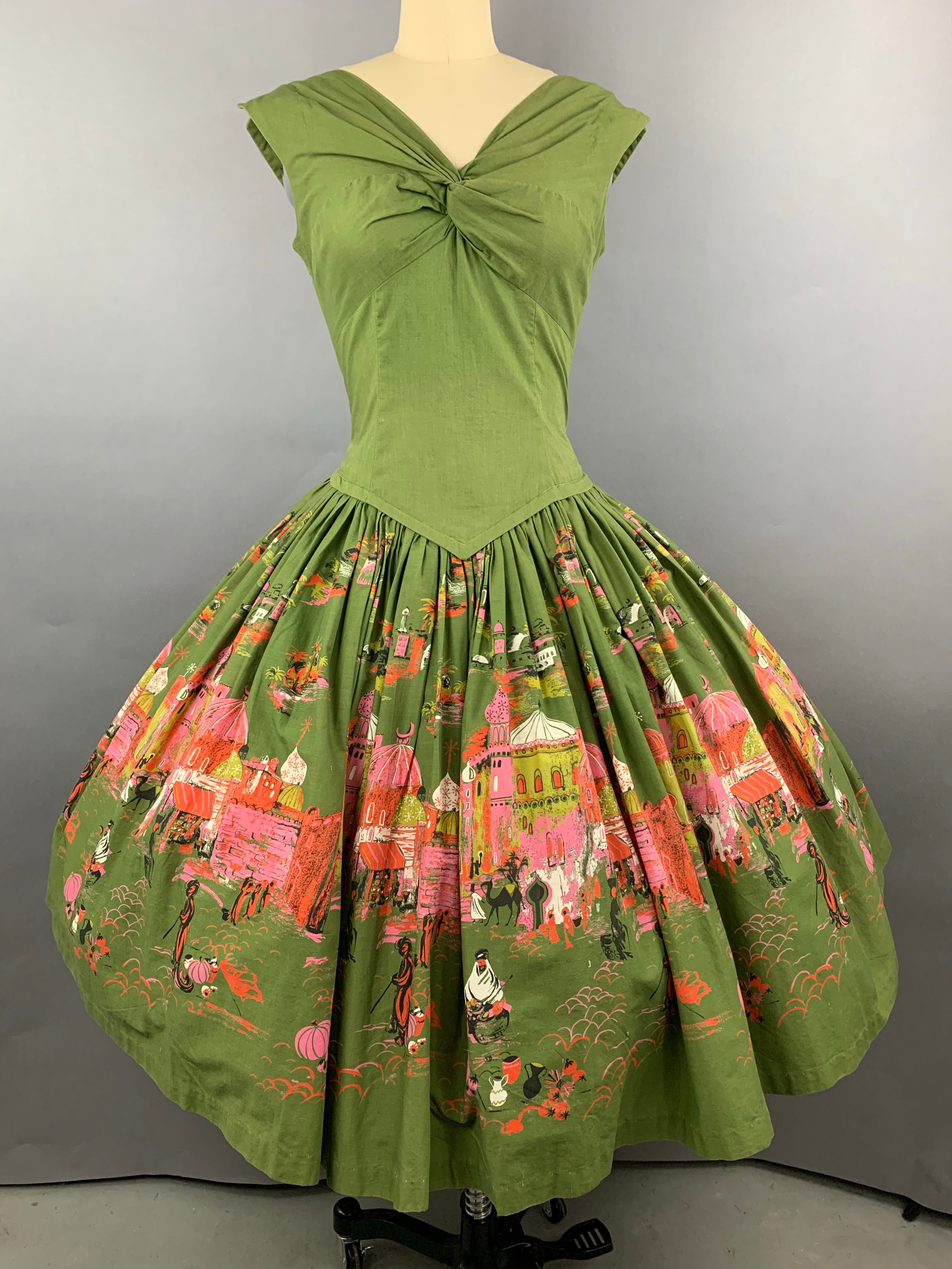 1950s Green Casbah Cotton Dress Size M