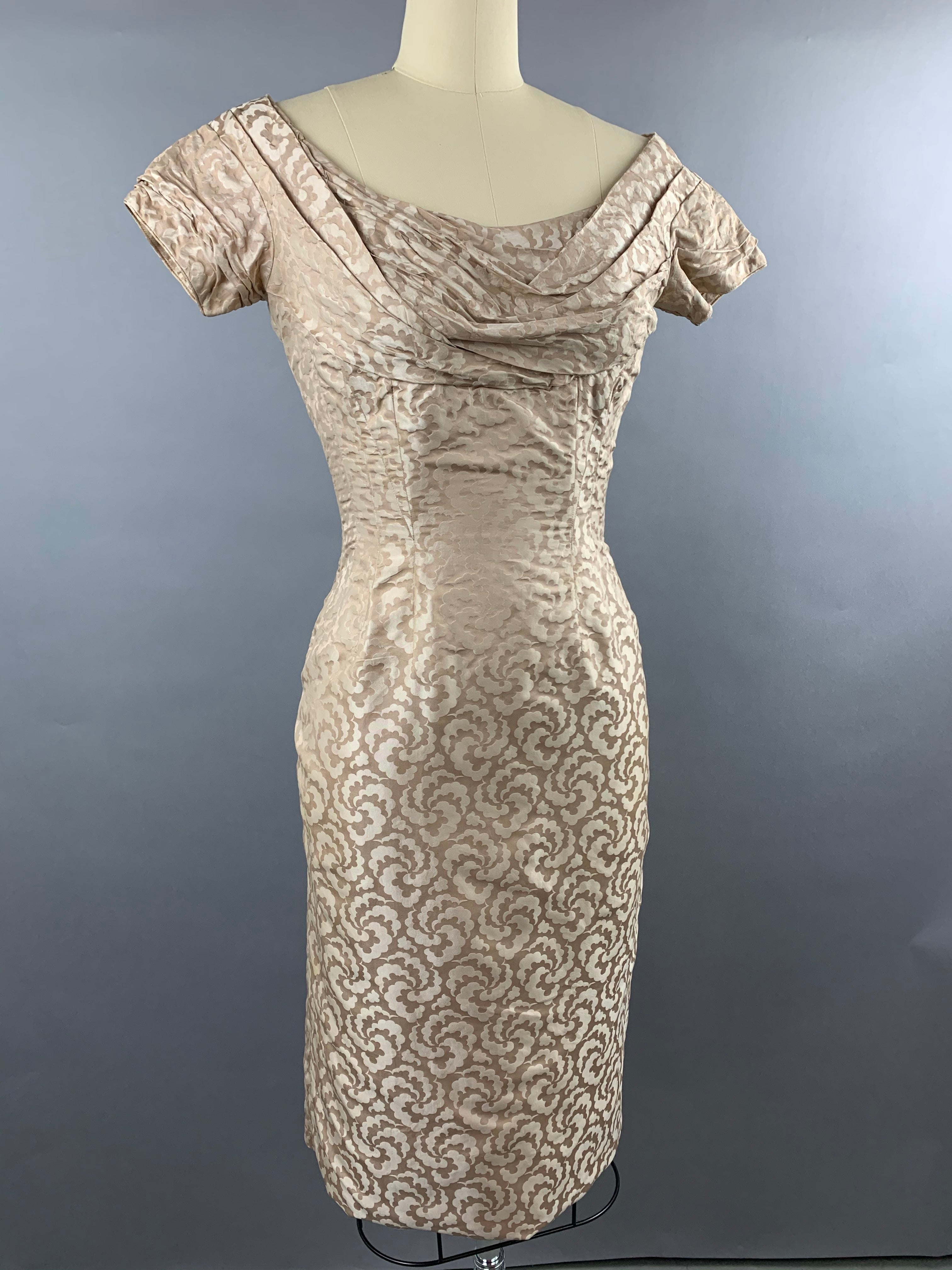 1950s Ceil Chapman beige gold silk-cotton wiggle dress Size S