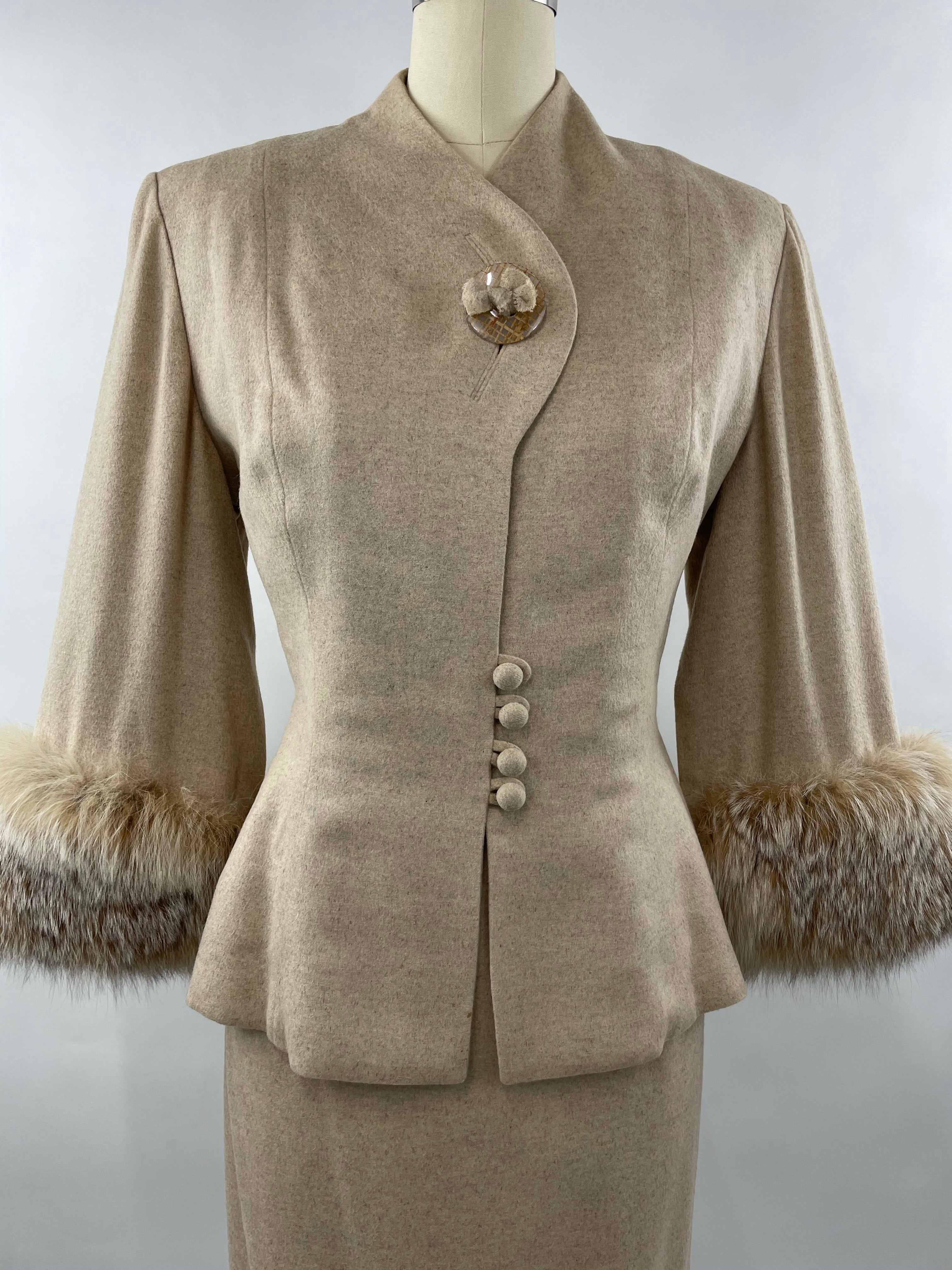 1950s Cream Cashmere & Fox Lilli Ann Cape Suit Size L