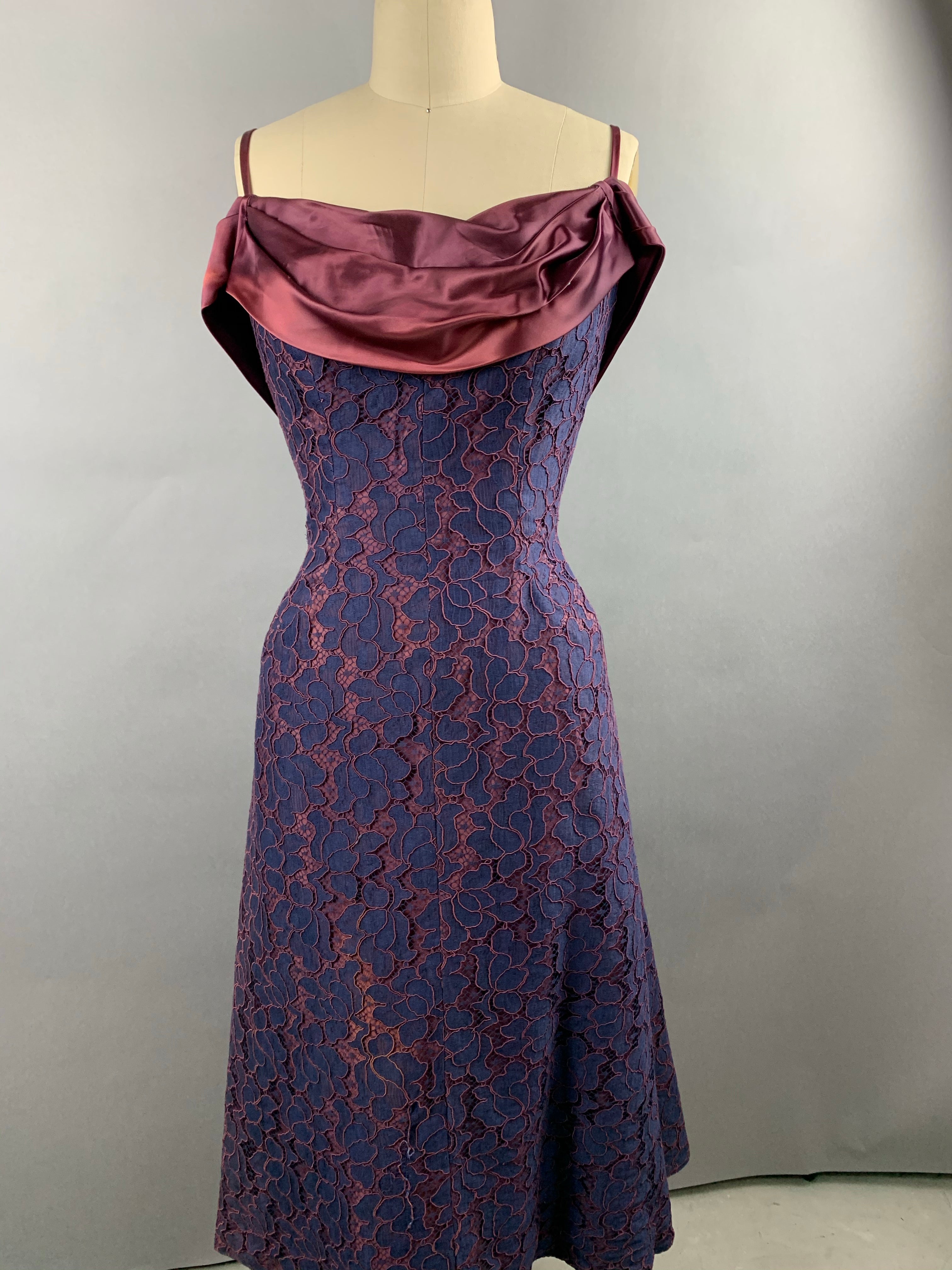 1950s Navy and Burgundy Lace and Satin Party Dress Size M