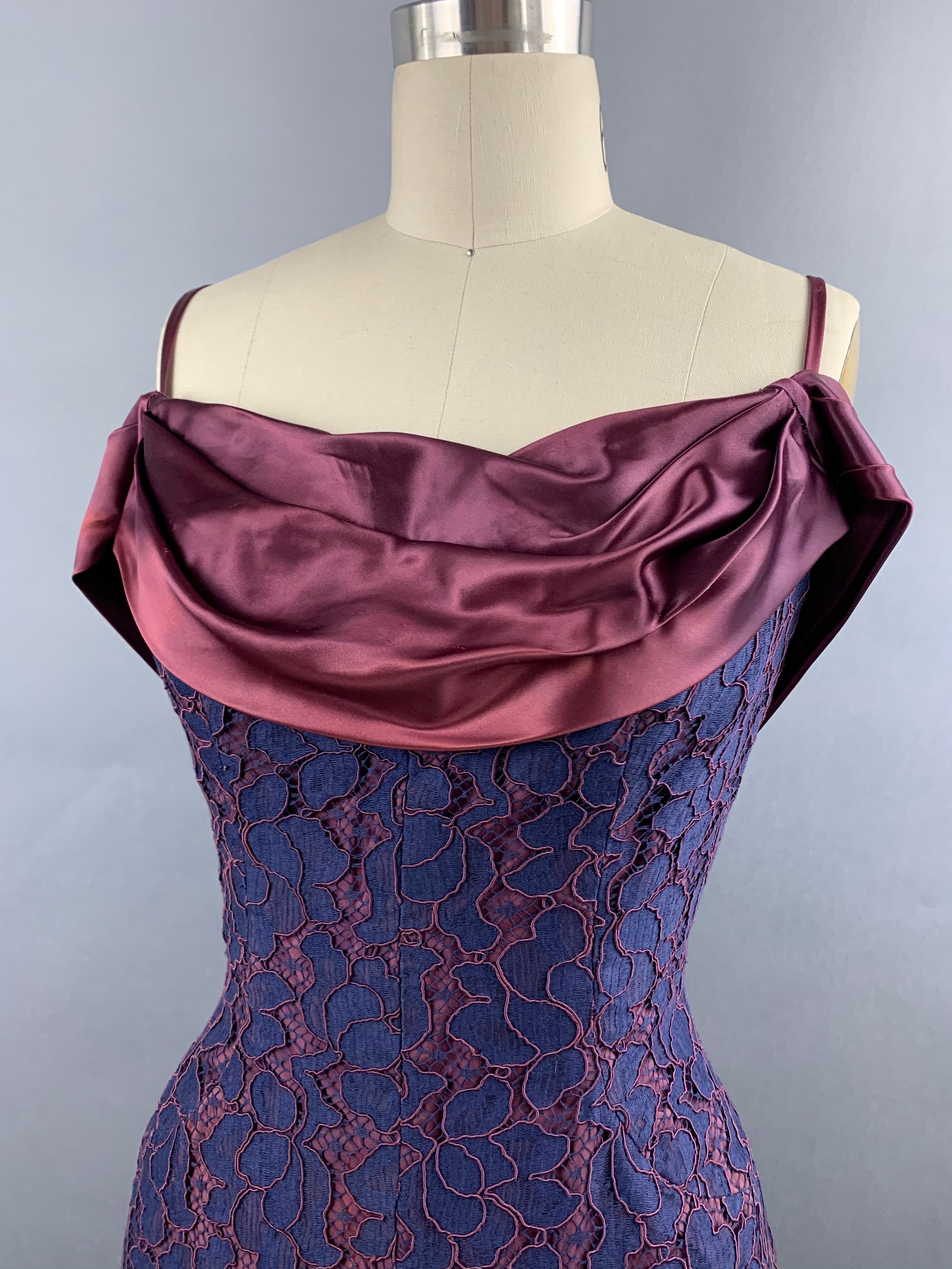 1950s Navy and Burgundy Lace and Satin Party Dress Size M