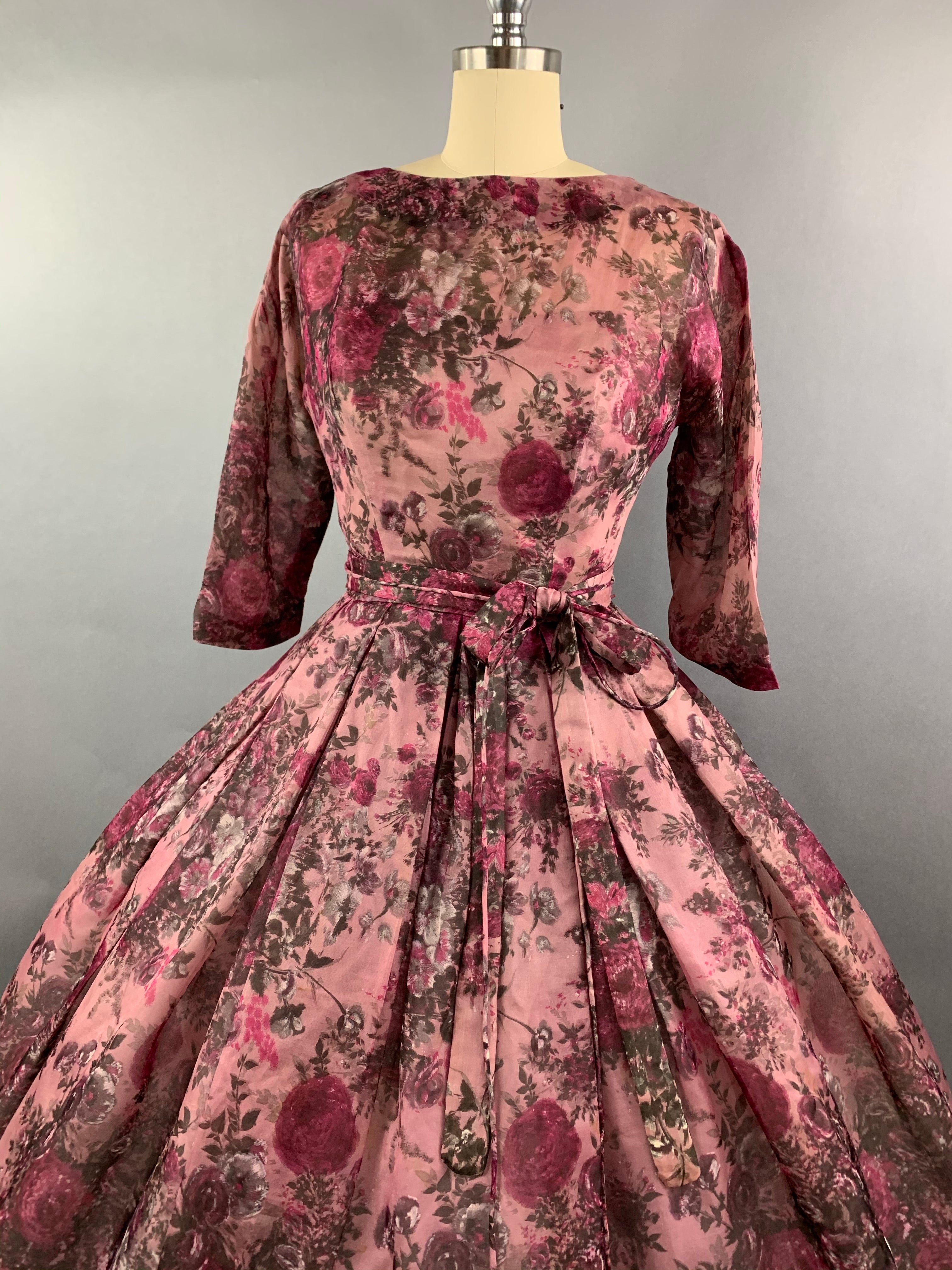 1950s Pink Roses Silk dress by Talmack John Moore New York Size M