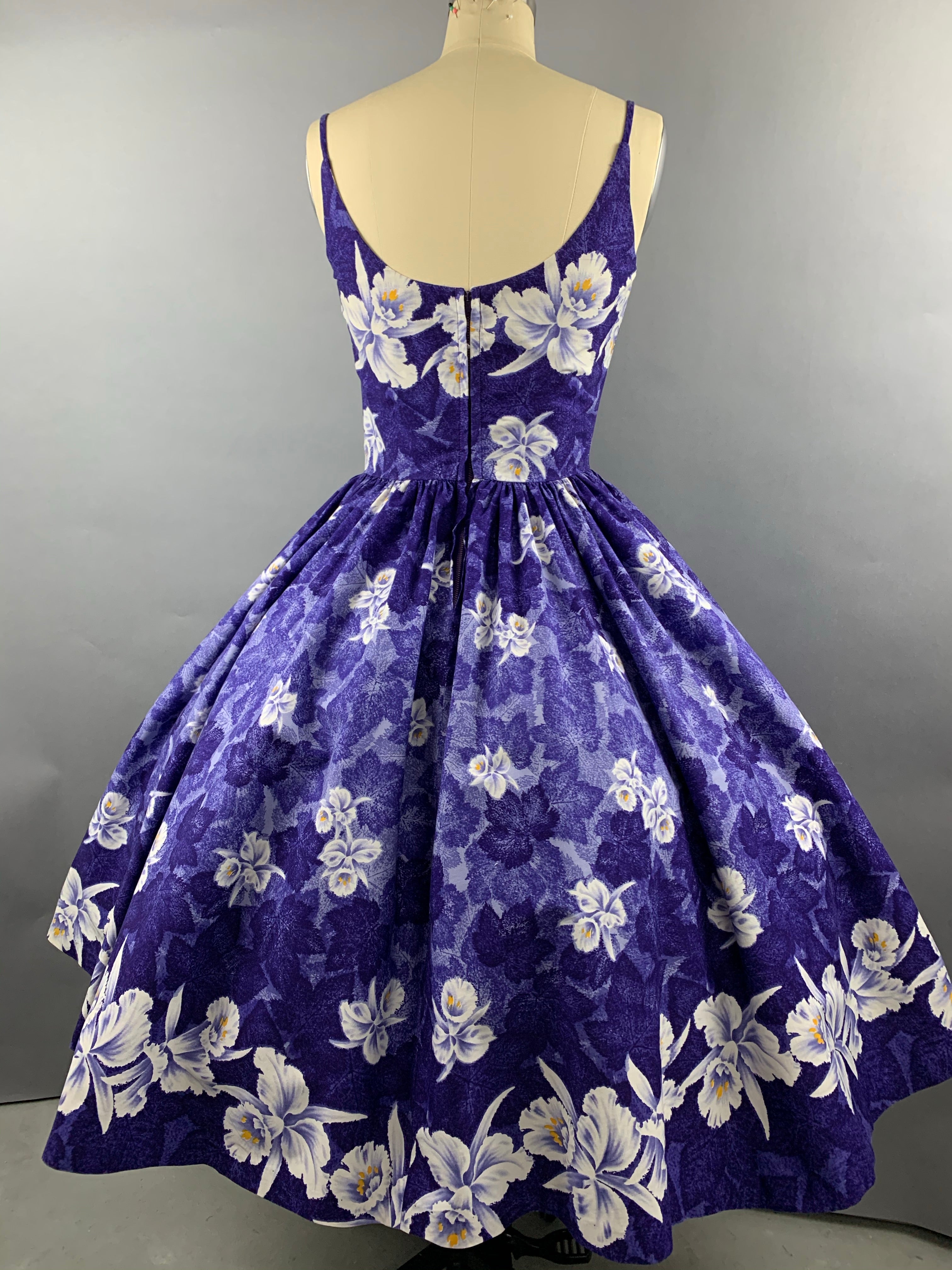 1950s Kamehameha Blue-Purple Orchid Cotton Hawaiian Dress Size M